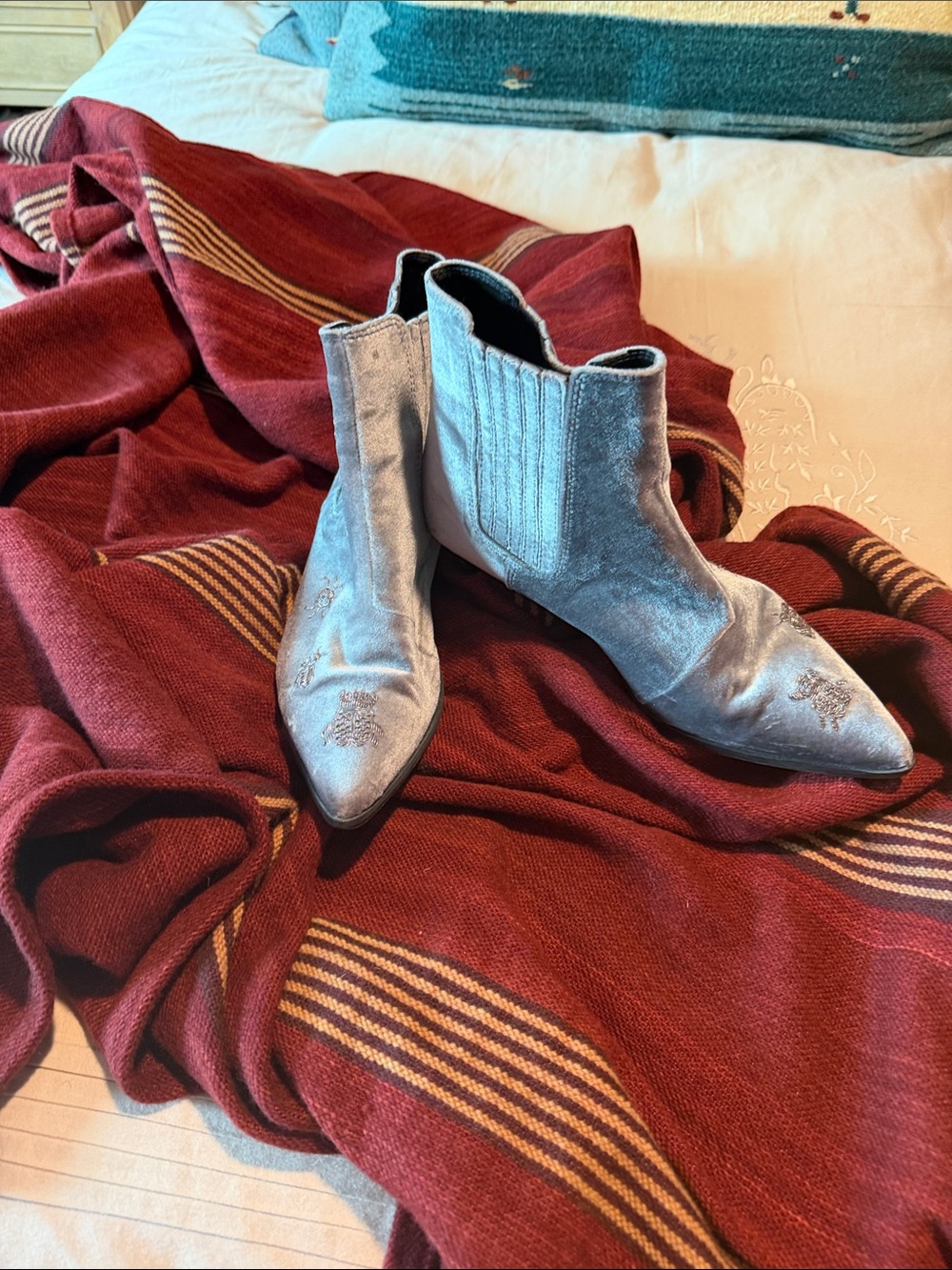 Topshop Silver Velvet Pointed-Toe Ankle Boots